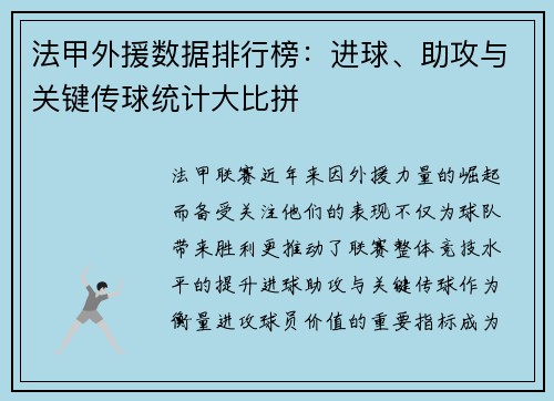 法甲外援数据排行榜：进球、助攻与关键传球统计大比拼